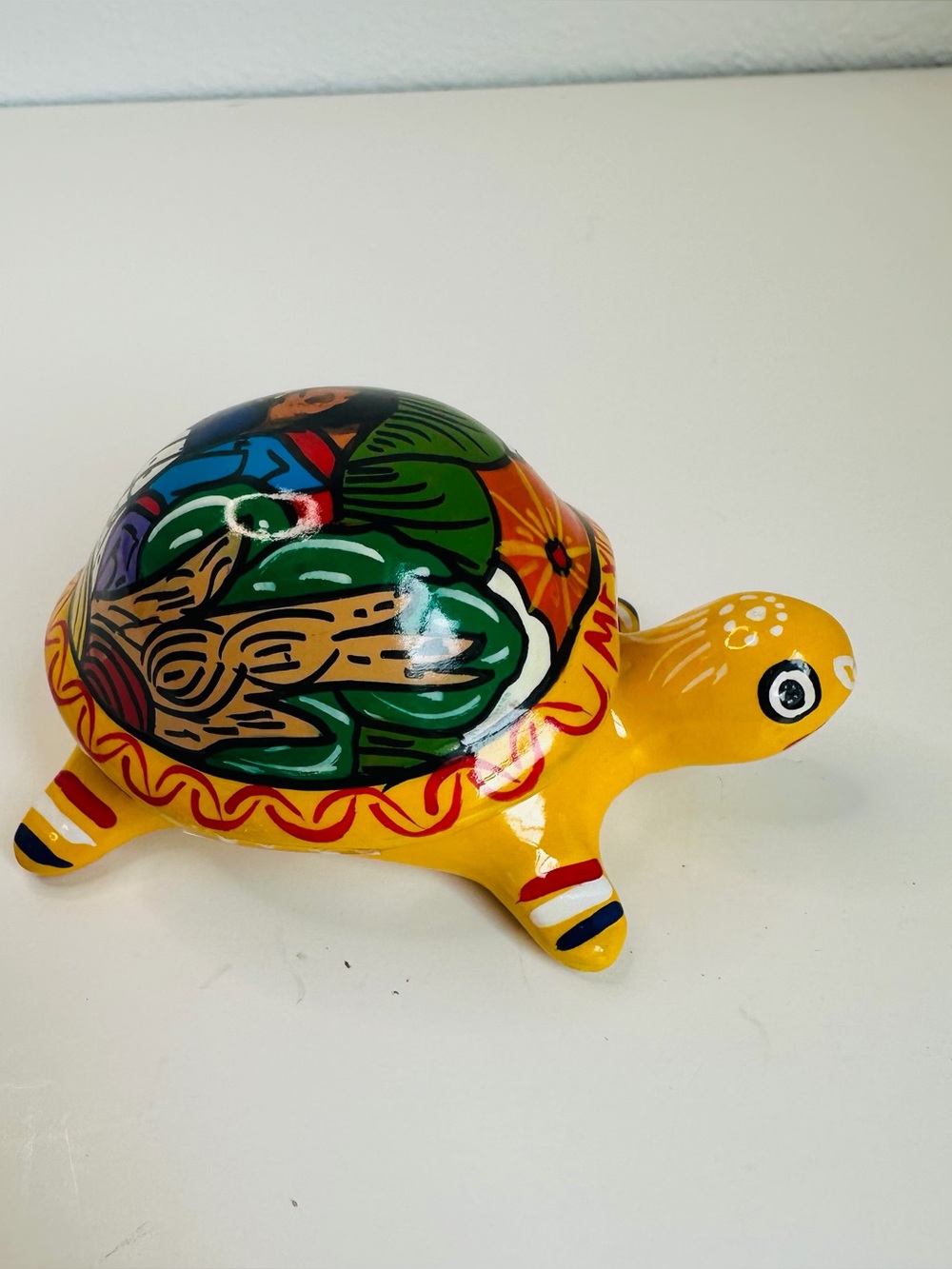 Talavera Style Mexican Folk Art Terracotta Hand Painted Turtle Trinket Box w/Lid